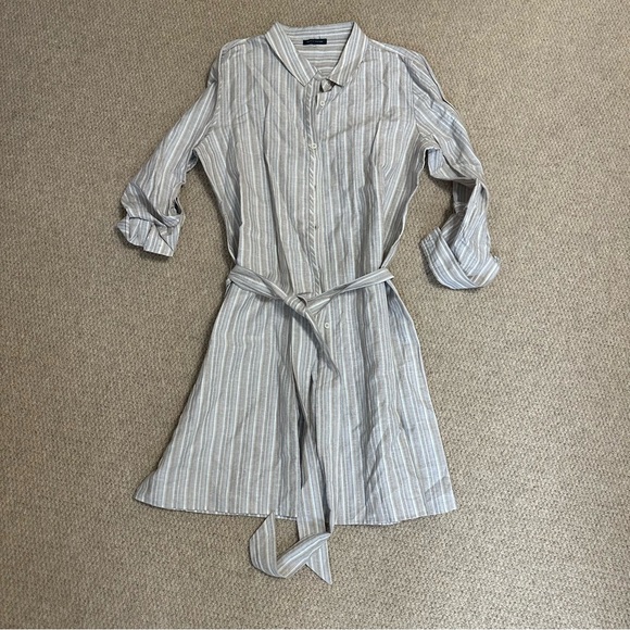 Tommy Hilfiger Striped Belted Shirt Dress Women’s Size 8 Sand Beige White Linen - Picture 2 of 8